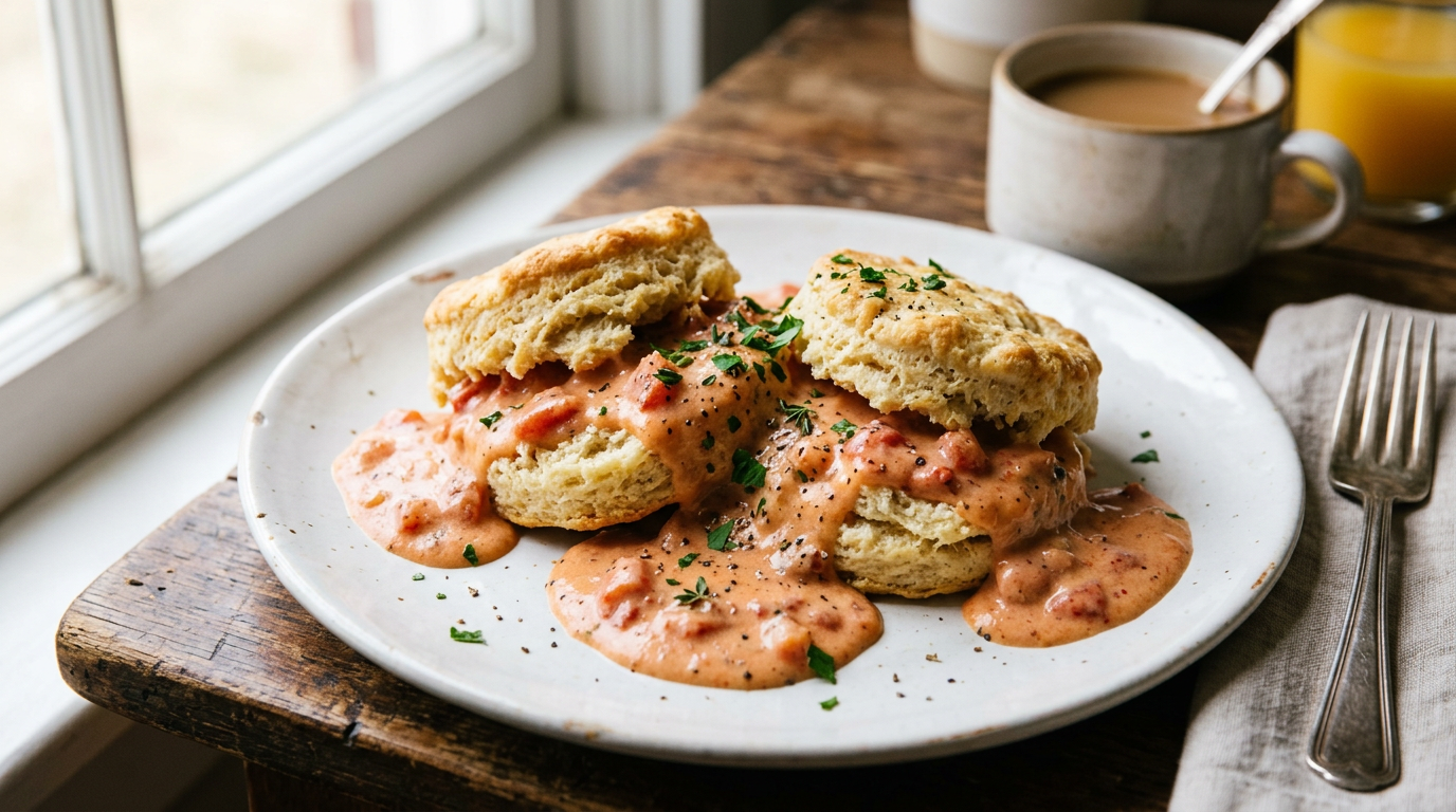 Tomato Gravy over Biscuits