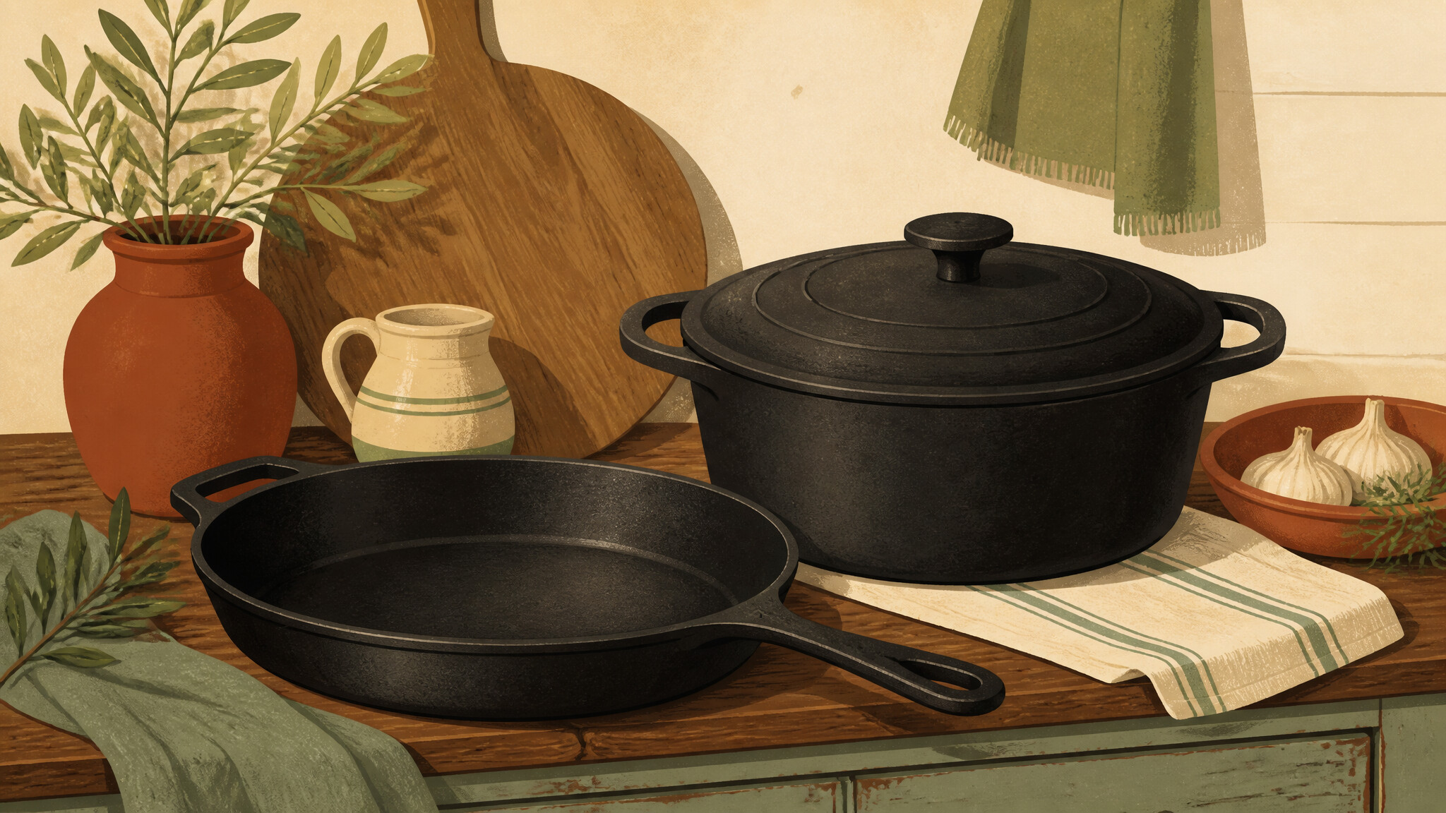 Illustration of cast iron & dutch ovens